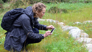Kajsa Roqqvist blir glad när hon hittar en groda. Kajsa Rosqvist sitter på huk i gräset och tar ett foto med mobiltelefonen.