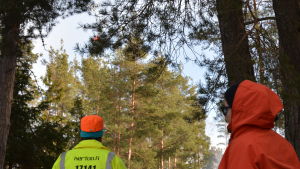Nödraketen landar på andra sidan udden. En nödraket blåser iväg över trädtoppar. En man i gul reflexjacka och orange mössa och en dam i röd anorak följer den med blicken.