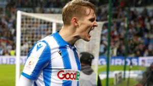 Martin Ödegård har noterat fyra mål och fem framspelningar i La Liga. Martin Ödegård jublar.