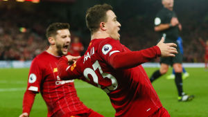 Liverpool ångar på. Laget är obesegrat efter femton omgångar. Xherdan Shaqiri firar i Liverpool.