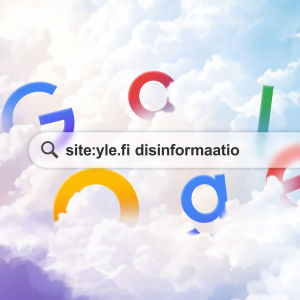 Graafinen kuvituskuva, jossa pilvien joukossa on googlen hakukenttä ja googlen logo.