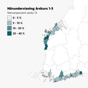 Här kan du se hur stor andel av barnen i klasserna 1 - 3 som går i skolan just nu i de svensk- och tvåspråkiga kommunerna. Närundervisning i årskurs 1-3 i Svenskfinland