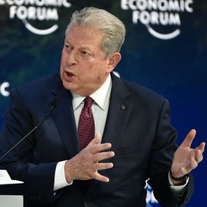 Al Gore, tidigare demokratisk vicepresident och miljöaktivist, i Davos. Engagerad Al Gore talar med båda händerna i Davos.