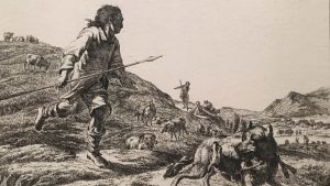 Adam Bartsch: Der Wolf mit dem Lamme, vom Hirten verfolgt, 1803 (Vargen med lammet, förföljd av herden) Adam Bartsch: Der Wolf mit dem Lamme, vom Hirten verfolgt, 1803 (Vargen med lammet, förföljd av herden)