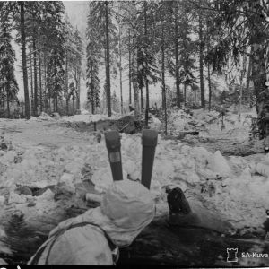 Kollaanjoki. Haarakaukoputkella näkyy huonosti 2 hv. Etualalla, selin kaukana tiellä näkyy vielä kolmas. 10-12-39.