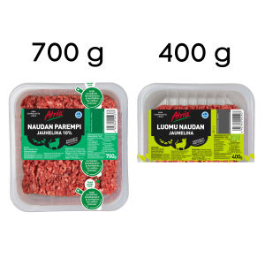 Isompaan satsiin ruokaa riittää yksi pakkaus Atrian tavallista jauhelihaa tai kaksi pakkausta luomua. Kaksi jauhelihapakkausta