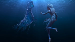 lsa bekantar sig med en ny karaktär i Frozen 2, den supercoola vattenhästen. Elsa simmar med vattenhästen