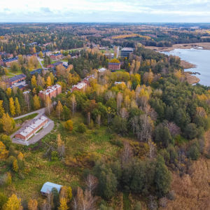 Ett höstlandskap med flera stora och små hus
