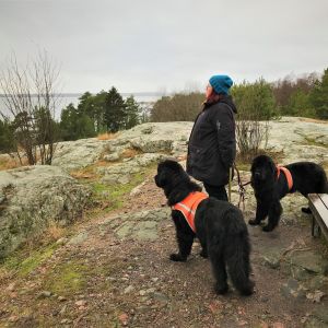 Pia Alarto står med sina hundar i Kopparnäs.