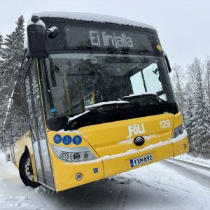 En buss som kört i diket på en snöig landsväg. 