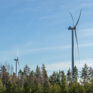 Två vindkraftverk i en skog.