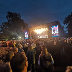 En utomhuskonsert på sommaren när det är mörkt ute. Festivalpublik står framför en scen där en grupp spelar.