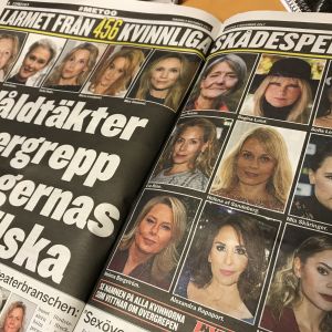 Skådespelarnas upprop #tystnadtagning. Uppslag i tidningen Expressen med bilder på kvinnliga skådespelare och rubriken "Larmet från 456 skådespelare".