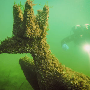Merikotka-veistos ja sukeltaja veden alla Dalskär-saaren rantavesissä, Saaristomerellä.
