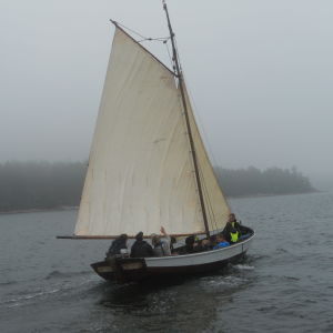 Cirka tio personer som seglar med en allmogebåt på ett dimmigt hav.