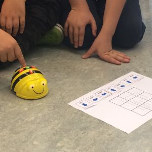 Skolelever kodar bibottar, alltså svartgula små birobotar.