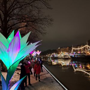 Valon polku -tapahtumassa kansaa kukkateosten alla.