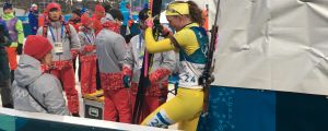 Hanna Öberg kom i mål som etta. Hanna Öberg efter målgång vid OS i Pyeongchang.