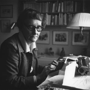 Astrid i de coola brillorna astrid lindgren skriver på skrivmaskin