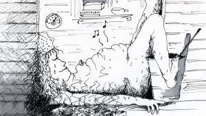 piirros jossa nainen makaa selällään saunassa ja maha ääntelee