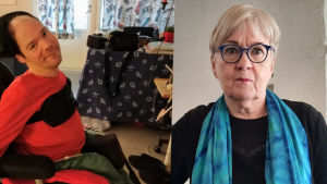 Kim Kuosma och hans mamma Christina af Hällström. En man i en rullstol och en äldre kvinna med glasögon.