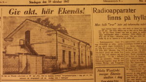 Västra Nylands första sida den 19.10.1947. Det var den dagen Radio Västnyland körde igång i det här huset vid Långgatan. En gammal tidningsartikel.