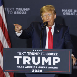 Donald Trump under ett kampanjmöte i  Manchester, New Hampshire den 27 april.