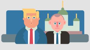 Illustration på Donald Trump och Vladimir Putin i Helsingfors. Illustration på Donald Trump och Vladimir Putin med Helsingfors domkyrka i bakgrunden.