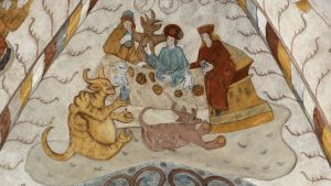 Syntisten pitopöytä (Paholaisten pidot), kalkkimaalaus Lohjan Pyhän Laurin kirkossa n. 1514
