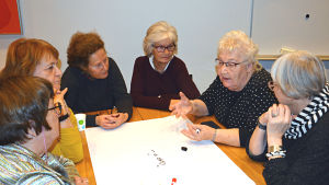 Damerna funderade över vad de hade velat få hjälp med då de pensionerades. Sex äldre damer sitter kring ett bord och diskuterar. Framför sig har de ett stort vitt papper.