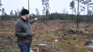 Kim Ekström pekar ut var ladugården ska stå. Området där den byggs är klassat som impediment, det vill säga icke bördig skogsmark. Kim står och tittar och pekar ut mot kalhygget där ladugården ska stå.