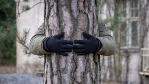 Illustrerande bild. Catarina hade smärtor och fick svårt att prata. En person står bakom ett träd och håller armarna om stammen.