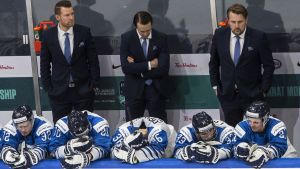 Förbundskapten Antti Pennanen (uppe till höger) var stolt över Juniorlejonens insats. Finlands avbytarbänk deppar.