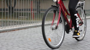 I Åbo hamnar många stulna cyklar i Aura å. En röd cyklist cyklar över biblioteksbron i Åbo.