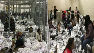 Bild från flykingtläger i Texas, publicerad av det amerikanska ministeriet för inrikessäkerhet. Två foton av amerikanska myndigheter från tätt befolkade flyktingläger.