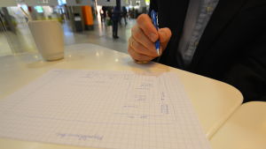 Lasse Mitronen ritade upp en typisk butiksplan. Frukten först - mjölken längst in. Penna och papper