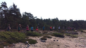 En långt band av löpare springer längs en strand. De deltar i stiglöpning på Örö, i kampanjen "Vi drar till skogs".