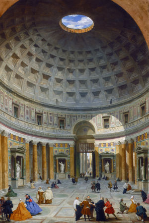 Naturljus flödar in i Pantheon i Rom. Konstverket "Interior of the Pantheon, Rome" av Giovanni Paolo Pannini (1691–1765). Bild av målningen "Interior of the Pantheon, Rome" av Giovanni Paolo Panini (1691–1765).
