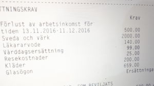 Statskansliet ersätter årligen cirka femtusen personer utsatta för brott. Här är Thomas Ståhl utgifter till följd av den misshandel han var med om. Samtliga utgifter ersattes. Kvitto på ersättning