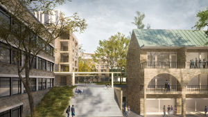 Illustrerande bild av de planerade husen. En arkitekts vision över Smedsgatan vid Samppalinnabacken