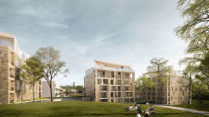 Illustrerande bild av hur höghusen placeras i parken. En arkitekts vision över Smedsgatan vid Samppalinnabacken