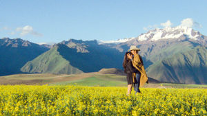 Maria (Stella Garcia) ja Kansas (Dennis Hopper) kukkivassa pellossa, taustalla mahtavia vuoria. Kuva elokuvasta The Last Movie