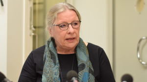 Karin Gottberg-Ek (Gröna), medlem i kommunstyrelsen och fullmäktige i Sjundeå, anser att det är utopistiskt att tro att 900 nya invånare bosätter sig på Pickala-Marsudden. Arkivbild. Karin Gottberg-Ek deltar i en debatt.