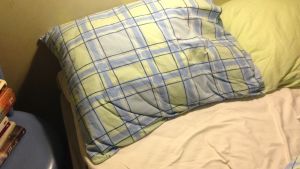dyna och skrynkliga lakan i en obäddad säng