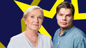 Carin Göthelid och Ville Hupa i närbild med blågul bakgrund.