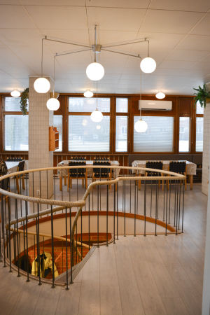 Matsalen i blivande lunchrestaurang Fabriken. Matsal, personalrestaurang vid Norkalks kontor i Pargas.