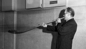Teppo Repo soittaa pitkää tuohitorvea vuonna 1952. Kansanmuusikko Teppo Repo soittaa torvea.