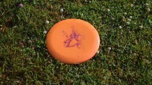 Frisbeen har landat. Härifrån fortsätter spelaren med nästa kast. En frisbee som ligger på gräset.