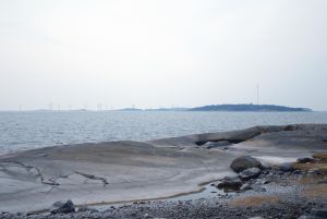 Socialdemokraterna vill göra vindkraften utanför Ingå och Raseborg till en valfråga. Fotomontage av havsvindkraftsparken sett från Påvskär