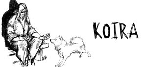 Kullervo istuu penkillä koira vieressänsä (piirros).